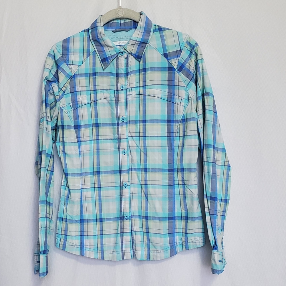 Columbia OmniHeat Blue Plaid Button Front Shirt Womens Small